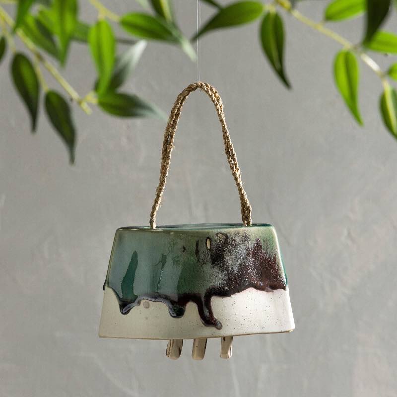 Artisan-made Ceramic Cowbell Chime, Large - Green